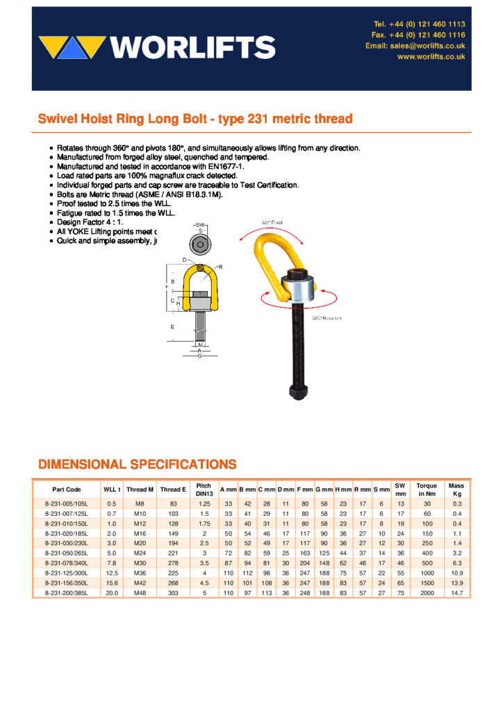 Swivel Hoist Ring Long Bolt type 231 metric thread pdf