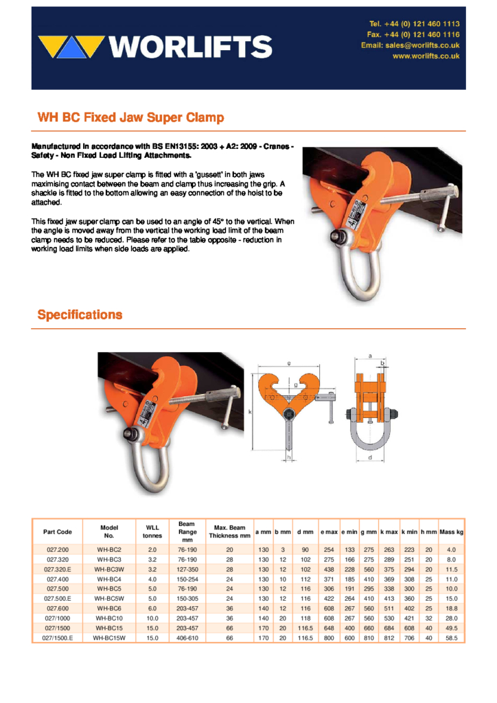 Worlfts WH BC Fixed Jaw Super Clamp pdf