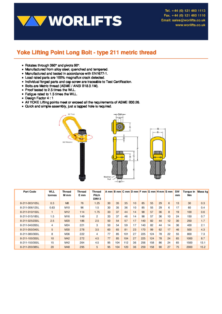 Worlfts Yoke Lifting Point Long Bolt type 211 metric thread pdf