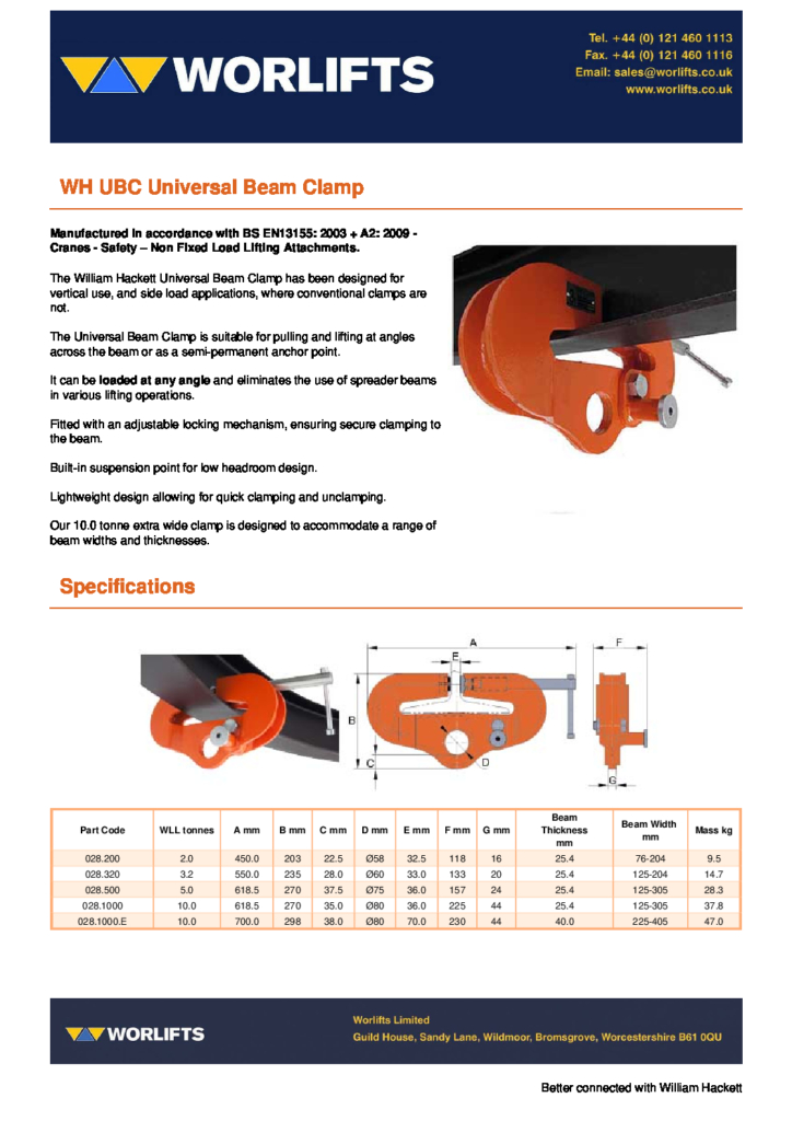 Worlifts WH UBC Universal Beam Clamp pdf