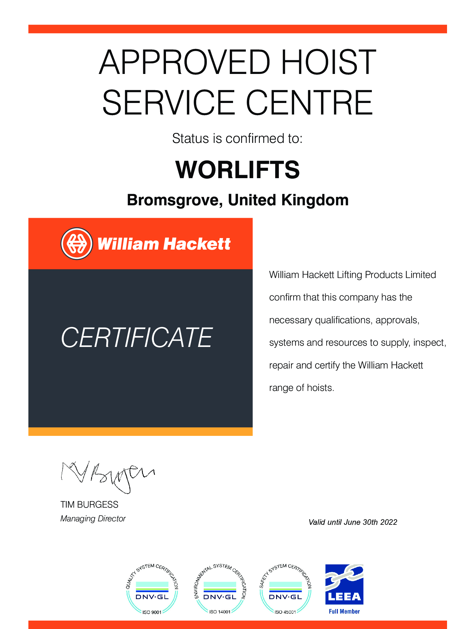 W.Hackett Approved Hoist Service Centre Expiry 30.06.22 pdf